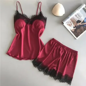 Women Pajama Suit V-Neck Stretch Satin Babydoll Lace