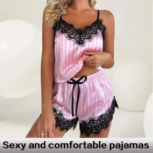 Two Piece Women's V-Neck Sexy Lace Suspender Pajama